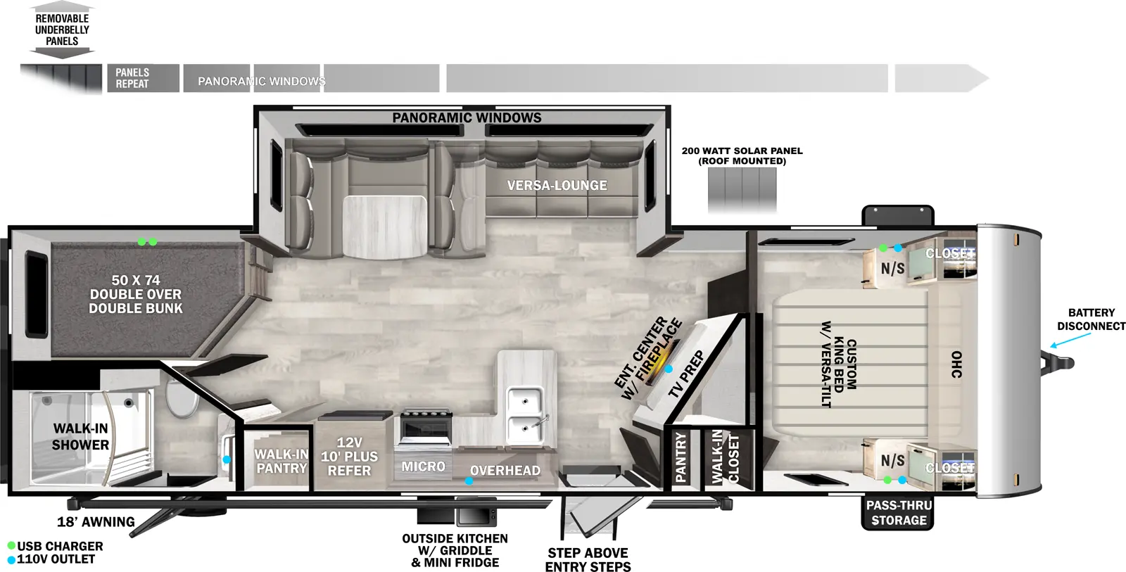 The 26DBUD has two entries and one slideout. Exterior features front pass-through storage, battery disconnect, outside kitchen with griddle and mini refrigerator, StepAbove main entry steps, 18 foot awning, removable underbelly panels, and 200 watt roof-mounted solar panels. Interior layout front to back: foot-facing queen bed with overhead cabinet and closet with night stand on each side, and door side walk-in closet; angled entertainment center with fireplace and TV prep along angled inner wall with pantry and entry door; off-door side slideout with versa lounge and panoramic windows; peninsula kitchen counter with sink wraps to door side with overhead cabinet, microwave, cooktop, refrigerator, and walk-in pantry; rear off-door side double over double bunk beds; rear door side full bathroom with walk-in shower and second entry.